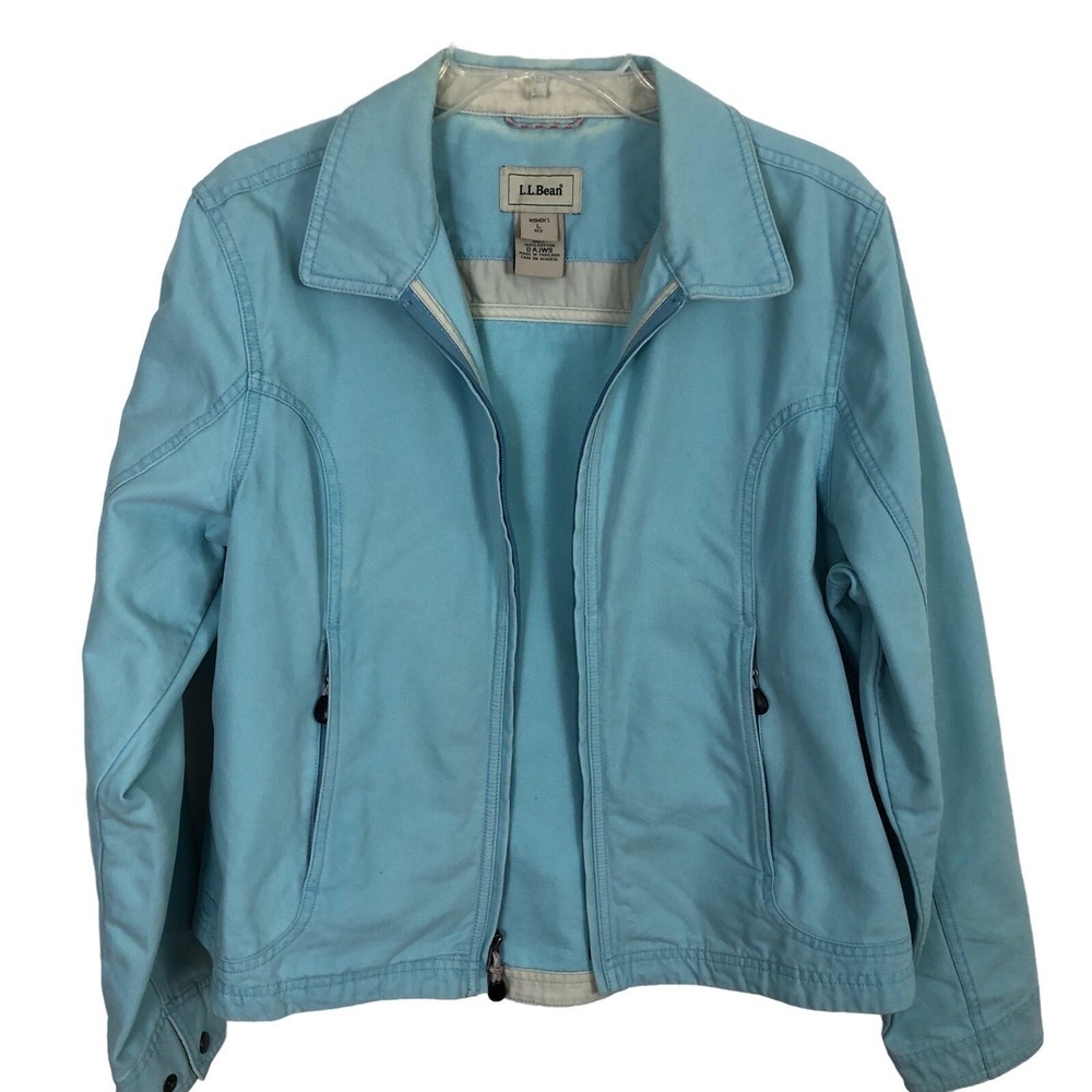 LL BEAN Womens Vintage Blue Denim Full Zip Jean JACKET Large Cotton Chores Coat